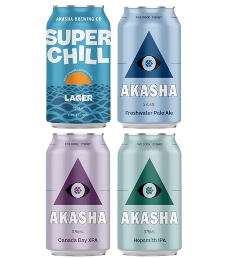 Four canned beverages from Akasha Brewing Company, featuring designs for 'Super Chill Lager', 'Canada Bay XPA', and 'Hopsmith IPA'. Each can has a unique color scheme and branding elements.