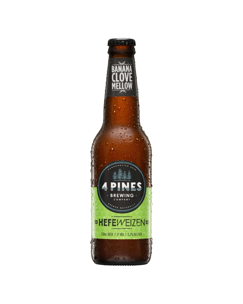 A bottle of 4 Pines Hefeweizen beer with a label that includes the product name and the phrase 'The Official Beer of Craft Beer Week'.