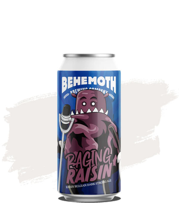 A can of Behemoth Raging Raisin Belgian Dark Strong Ale with a graphic of a dragon on it.