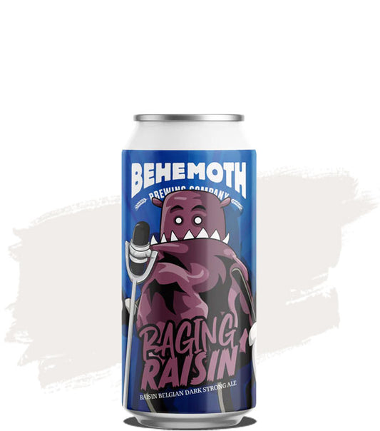 A can of Behemoth Raging Raisin Belgian Dark Strong Ale with a graphic of a dragon on it.