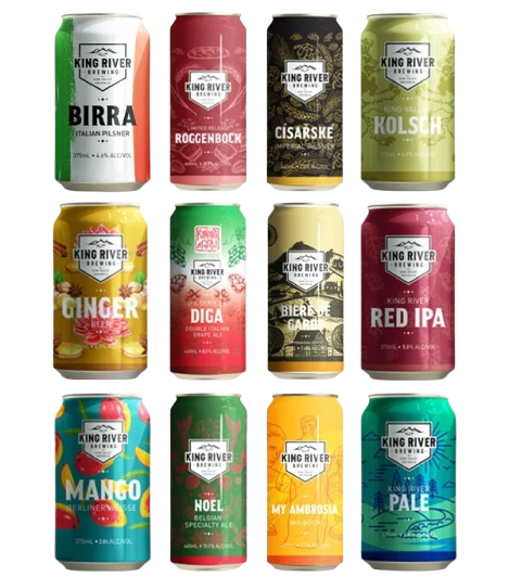 A collection of King River beer cans in various flavors, including ginger, mango, and red IPA, among others.