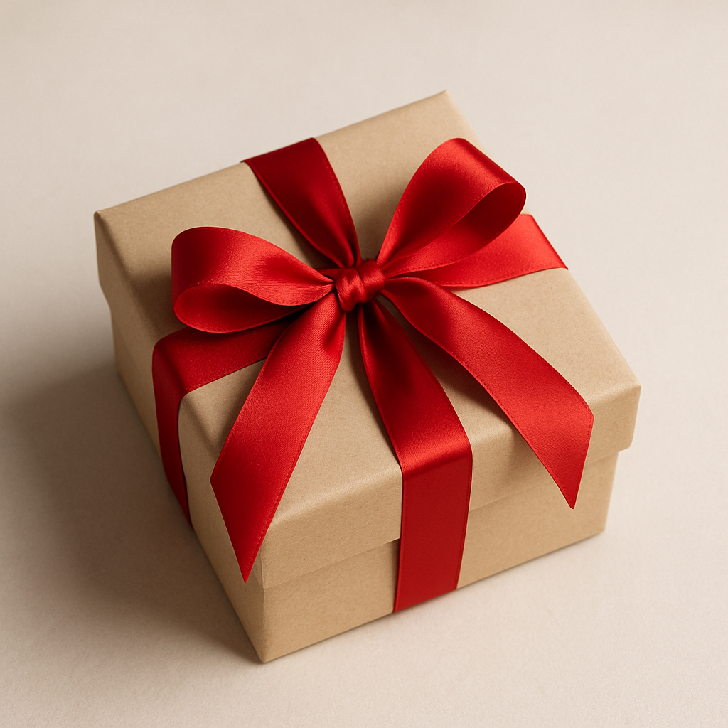 A gift box wrapped in brown paper with a red ribbon bow on a beige background.