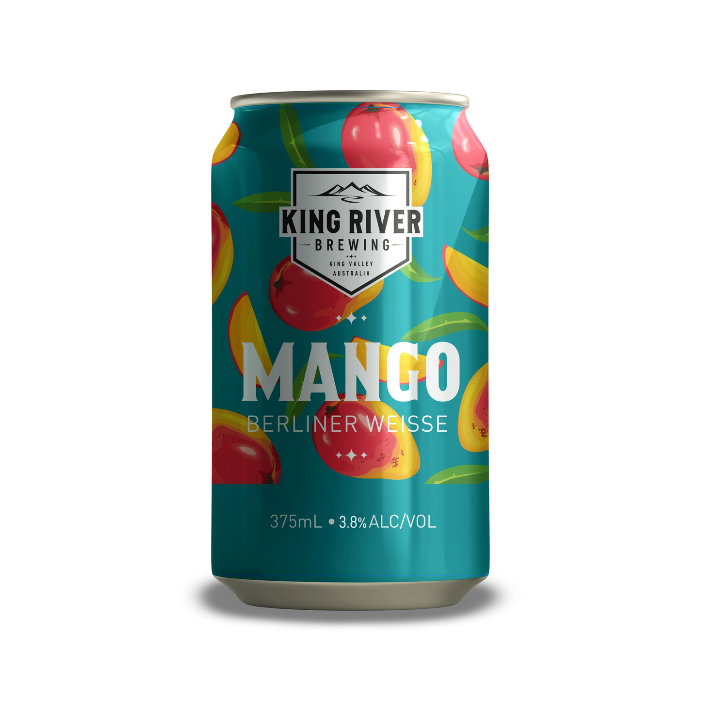 Mango-themed beer can with colorful design on white background