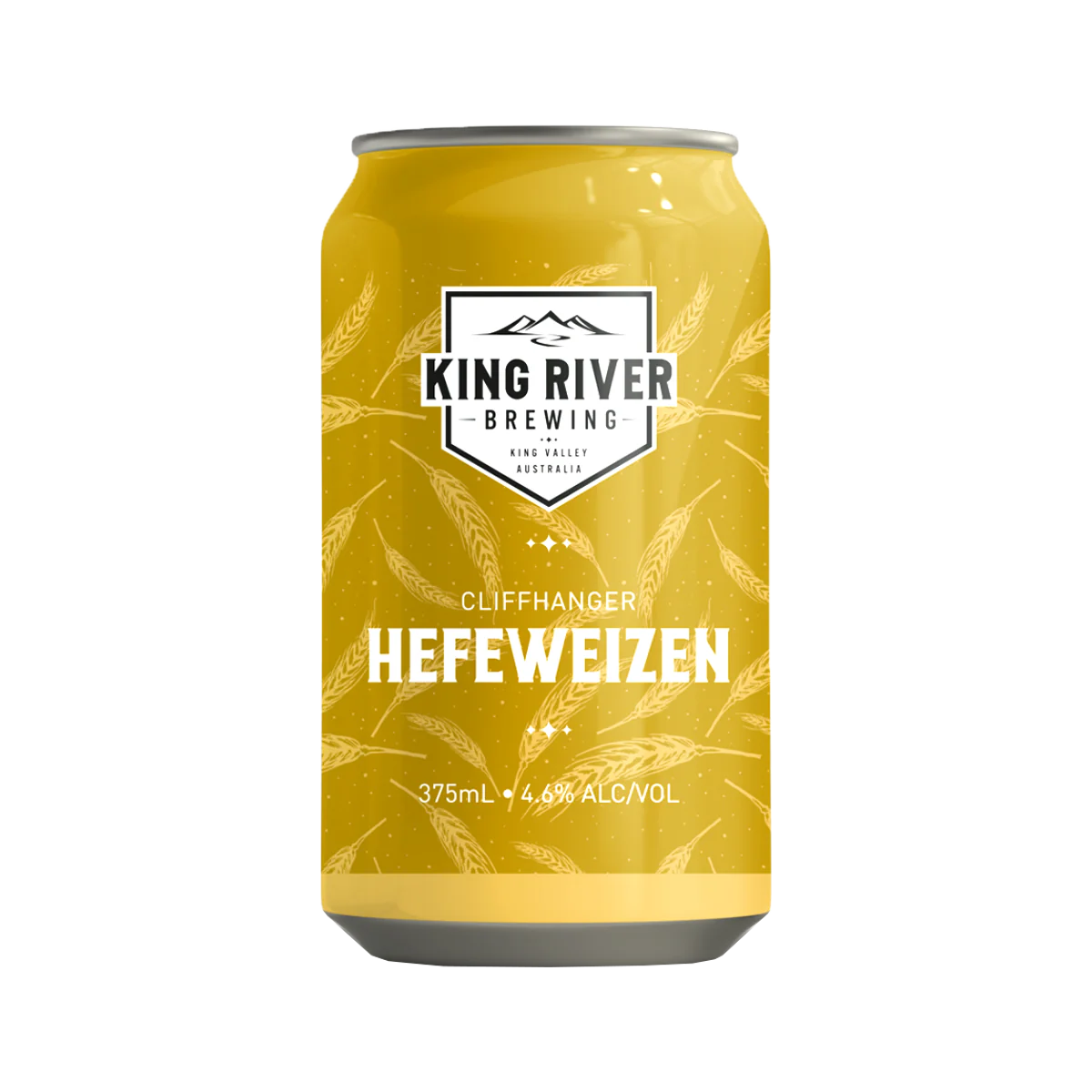 Yellow beer can with branding and wheat graphics on a white background