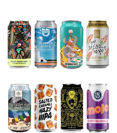 Collection of various beer cans with different designs and branding on a white background