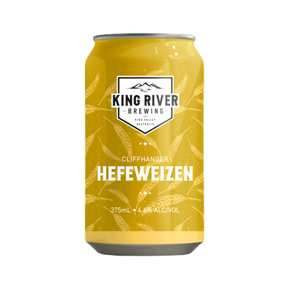 Yellow can of King River Brewing Cliffhanger Hefeweizen on a white background