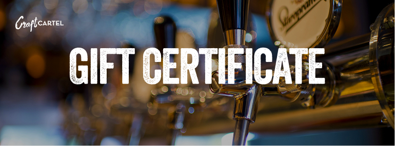 Gift certificate text overlay on a blurred beer tap background with 'CraftCartel' branding.