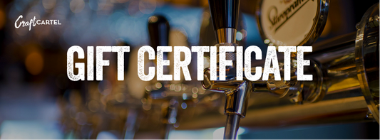 Gift certificate text overlay on a blurred beer tap background with 'CraftCartel' branding.