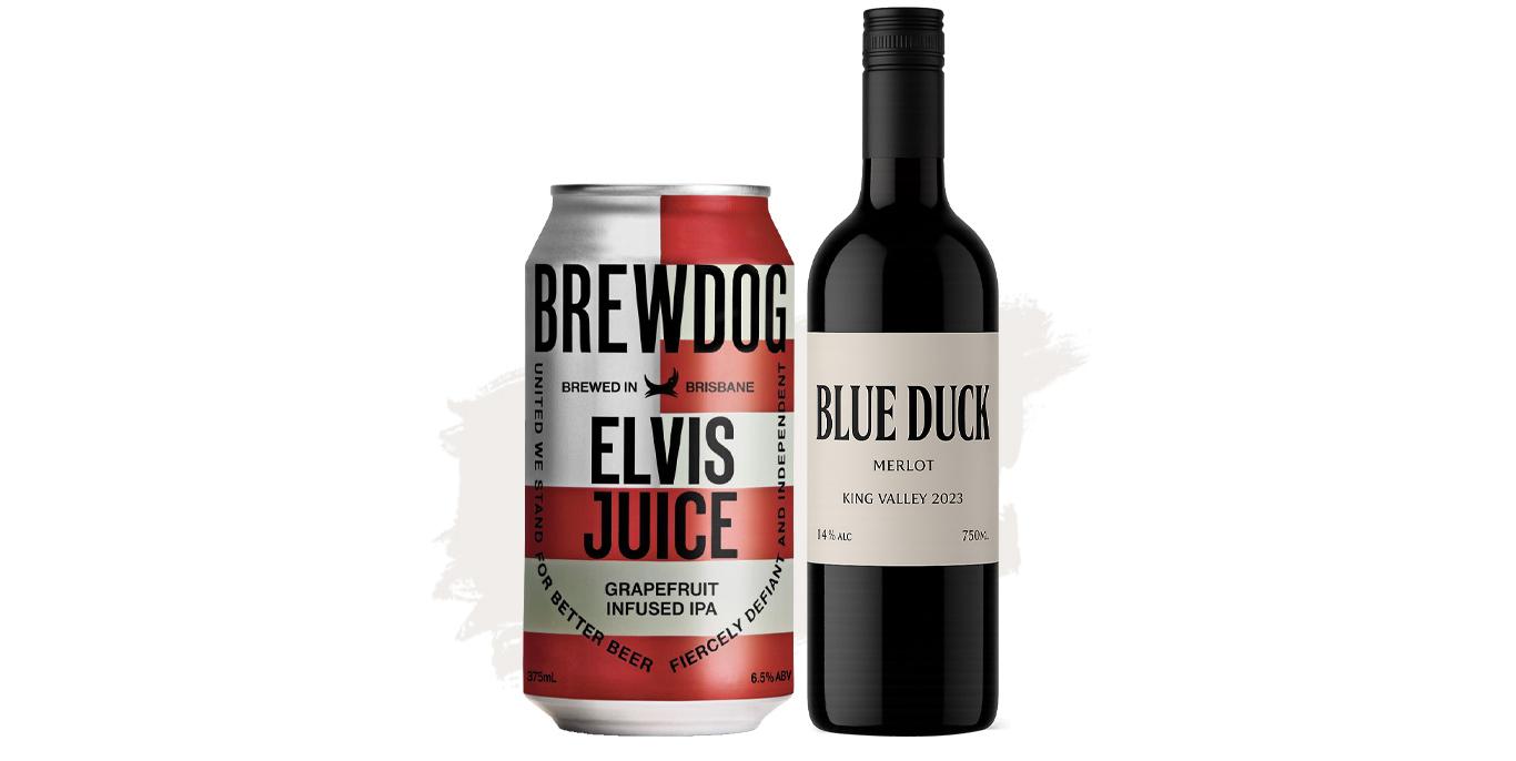 Bundle Buy (Brewdog Elvis Juice Grapefruit Infused IPA 6.5% – 16 Pk + Blue Duck Merlot – 12 Pk)